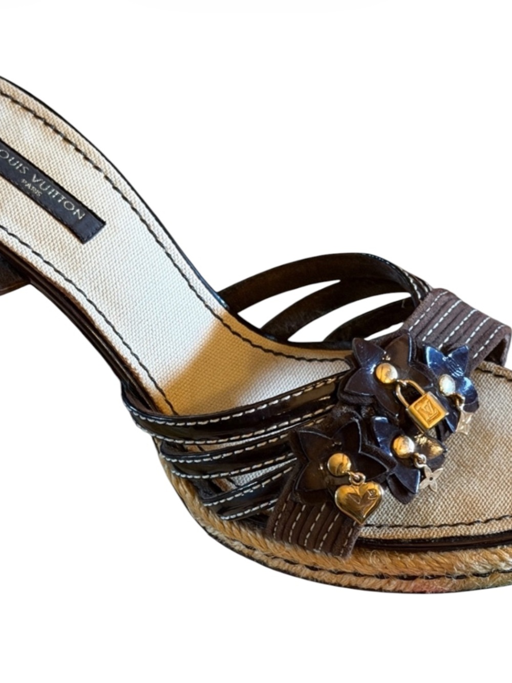 LOUIS VUITTON Floral Leather High Heel Sandals VTG LV Lock Gold Charms Jewelry⭐️